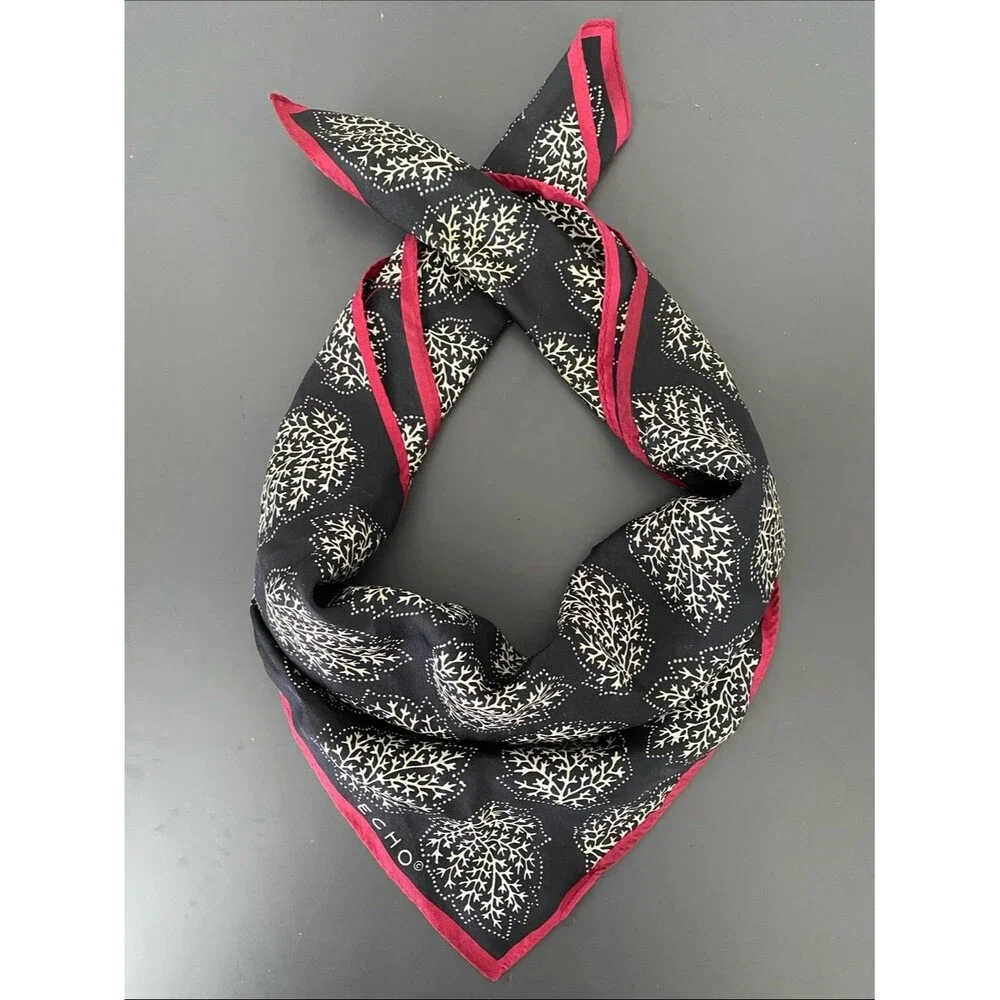 Echo Black Scarf Cream Leaf Print Burgundy Border 20” X 20” Boho Cottage Coastal